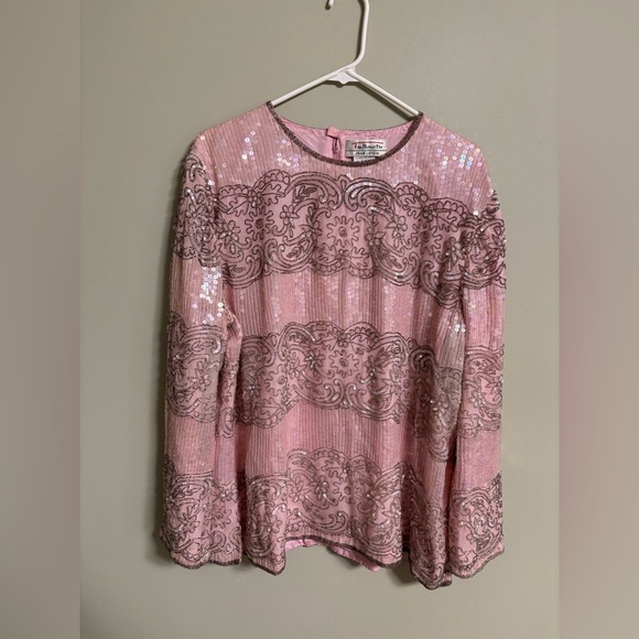 Talbots Tops - Talbots Joan Leslie Pink Silk Sequins Beaded Top Blouse Formal Size XL Vintage